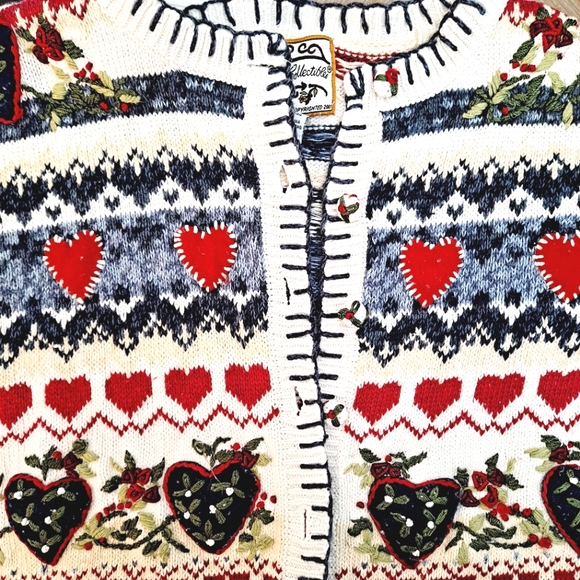 Heirloom Collectibles vintage hearts ugly Christmas chunky knit sweater cardigan - Picture 15 of 16